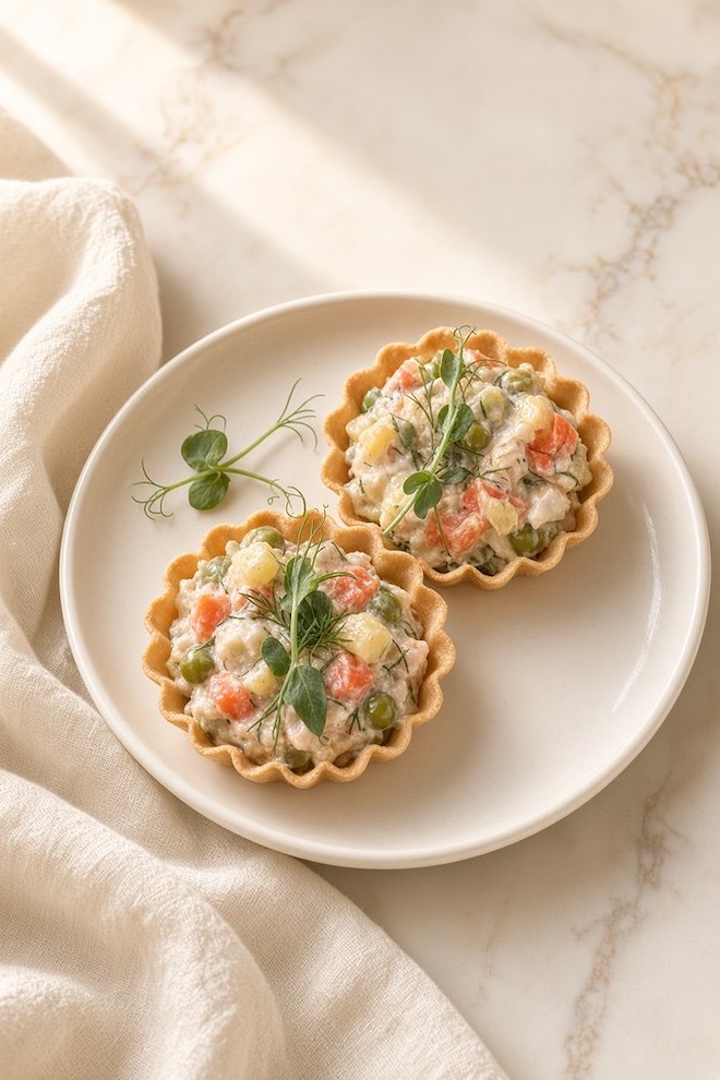 тарталетка с оливье с копченой куриной грудкой
